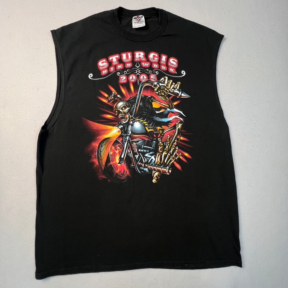 Sturgis Bike‎ Week Muscle Tee Mens 2XL Jerzees Black Skeleton Biker Vintage 2005